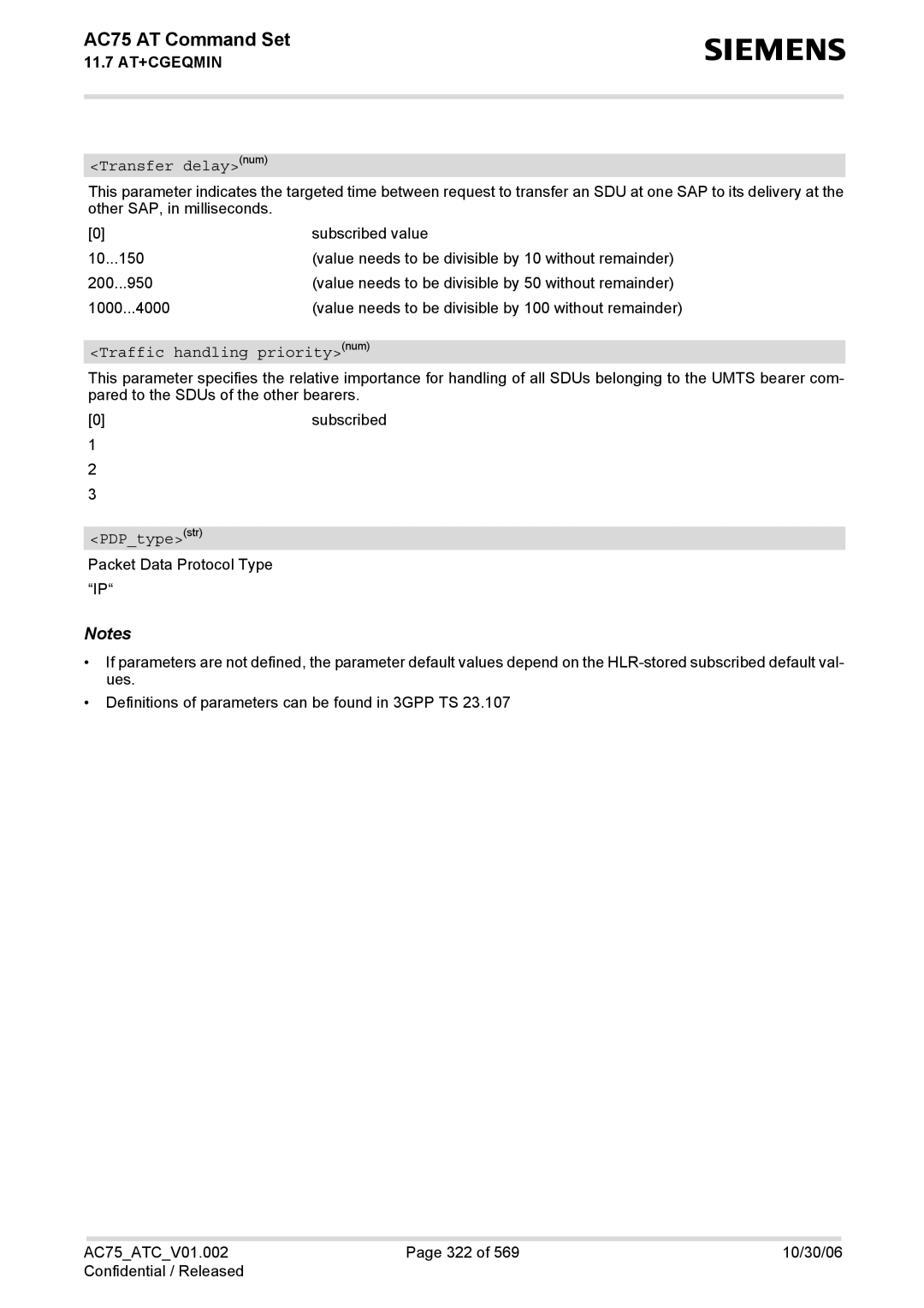 Siemens AC75 manual Transfer delaynum, Traffic handling prioritynum 