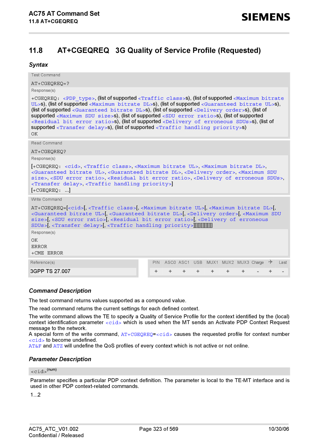 Siemens AC75 manual 11.8 AT+CGEQREQ 3G Quality of Service Profile Requested, At+Cgeqreq=?, At+Cgeqreq? 