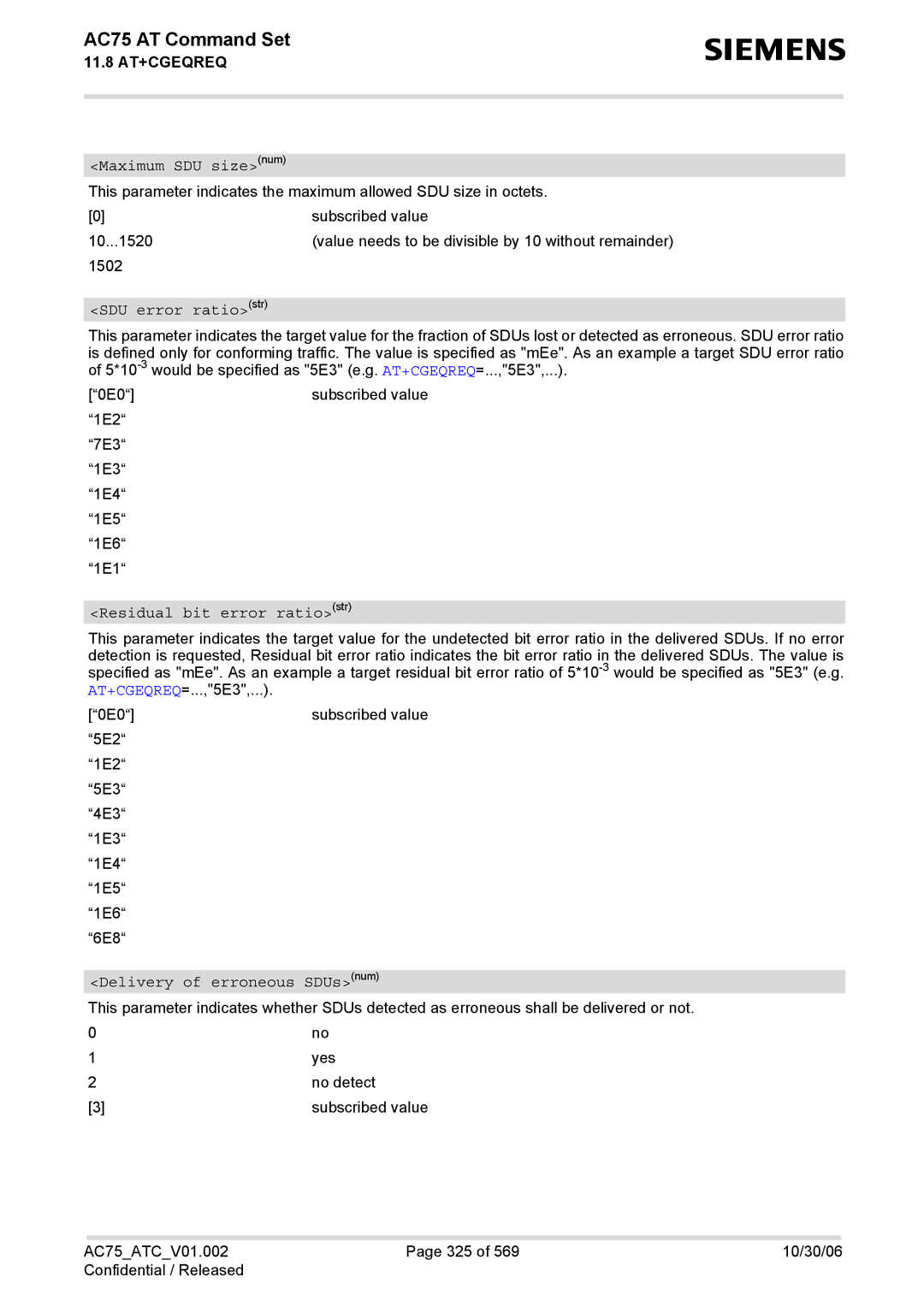 Siemens AC75 manual Maximum SDU sizenum 