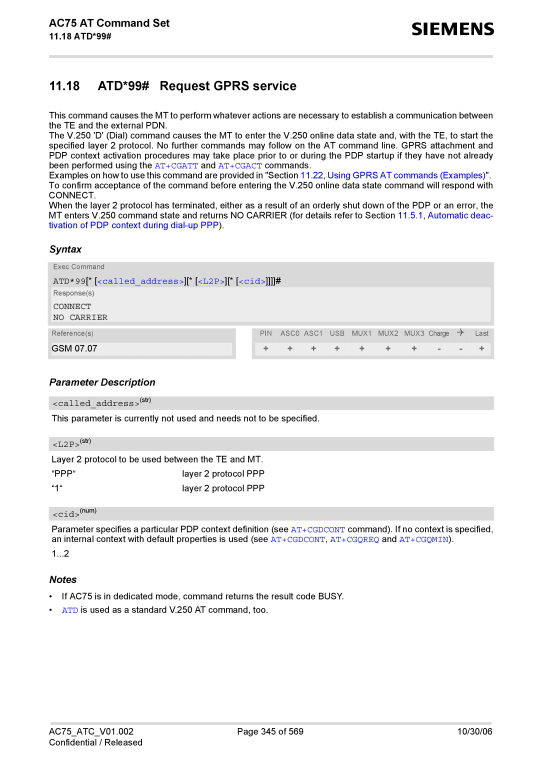 Siemens AC75 manual 11.18 ATD*99# Request Gprs service, ATD*99* calledaddress* L2P* cid#, Calledaddressstr, Ppp 