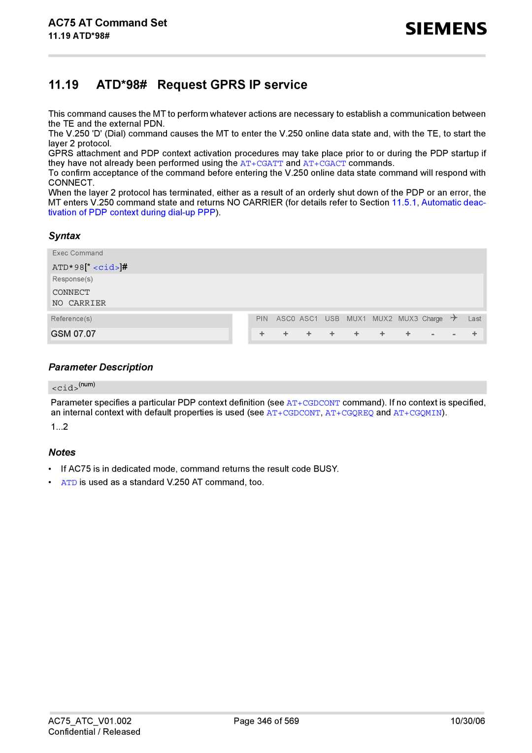 Siemens AC75 manual 11.19 ATD*98# Request Gprs IP service, ATD*98* cid# 