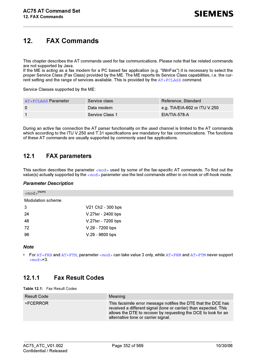 Siemens AC75 manual FAX Commands, FAX parameters, Fax Result Codes, AT+FCLASS Parameter, Mod=3 