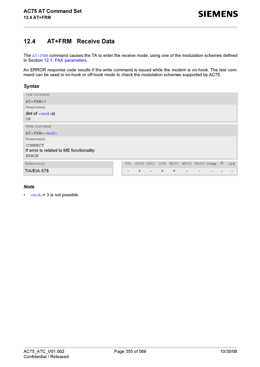 Siemens AC75 manual 12.4 AT+FRM Receive Data, At+Frm=?, AT+FRM=mod 