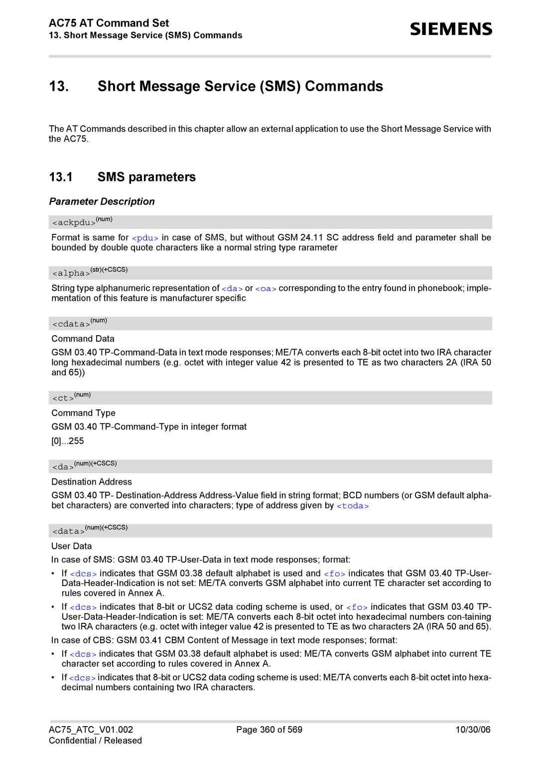 Siemens AC75 manual Short Message Service SMS Commands, SMS parameters, Ackpdunum, Cdatanum 