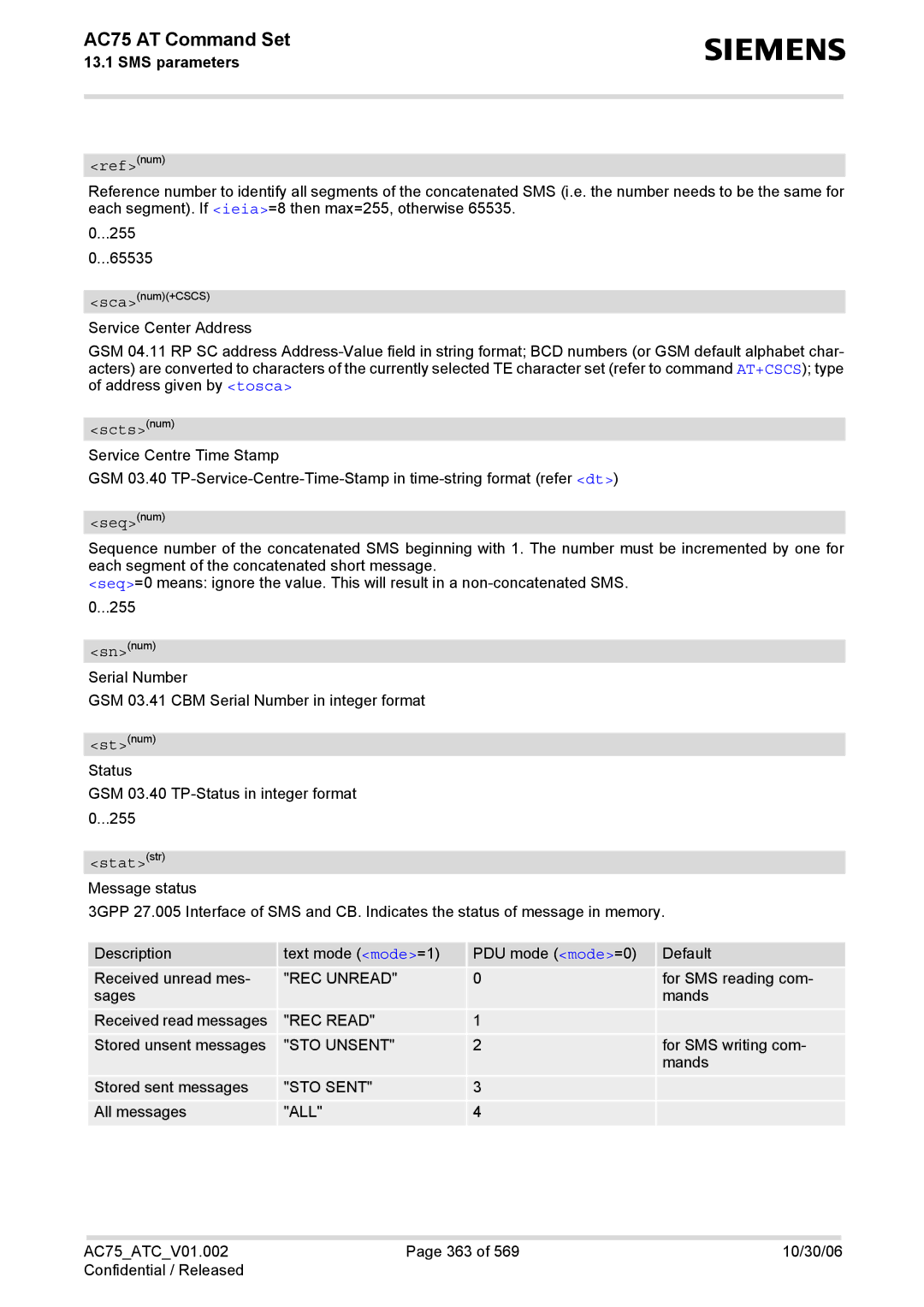 Siemens AC75 manual Refnum, Sctsnum, Seqnum, Statstr 