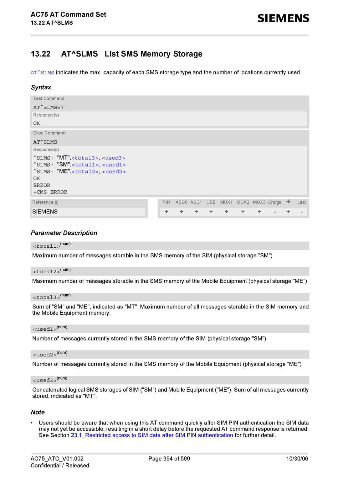 Siemens AC75 manual Atslms List SMS Memory Storage, Atslms=? 