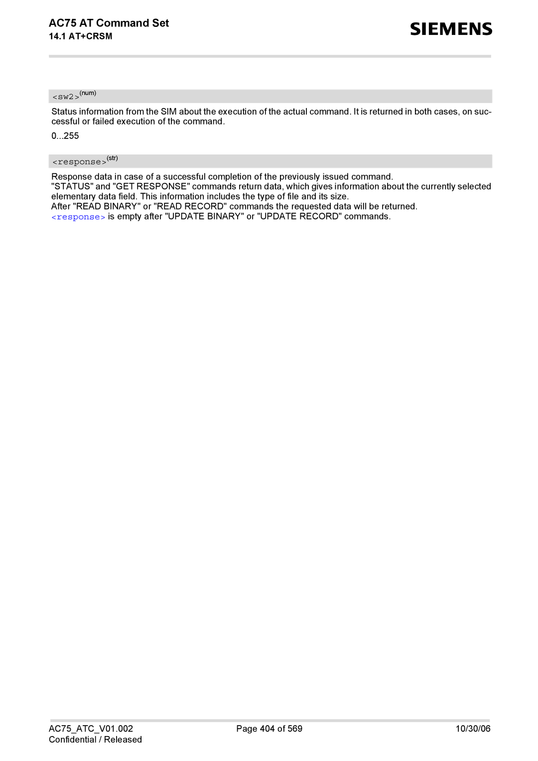 Siemens AC75 manual Sw2num, Responsestr 