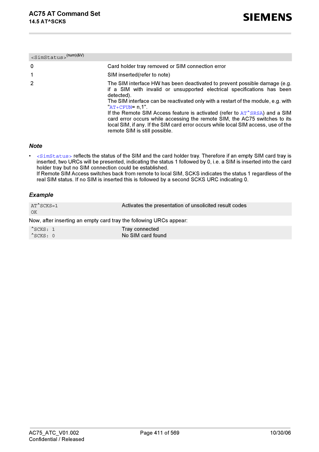 Siemens AC75 manual SimStatusnum&V, ATSCKS=1, Scks 