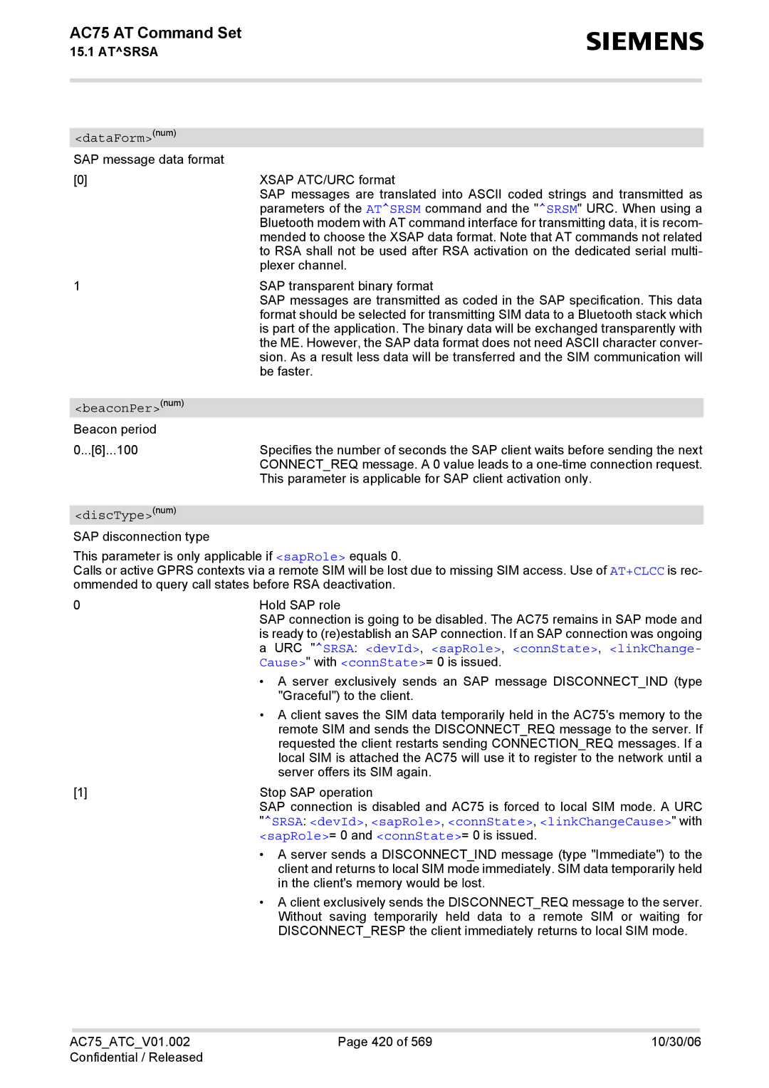 Siemens AC75 manual DataFormnum, BeaconPernum, DiscTypenum, URC Srsa devId , sapRole , connState , linkChange 