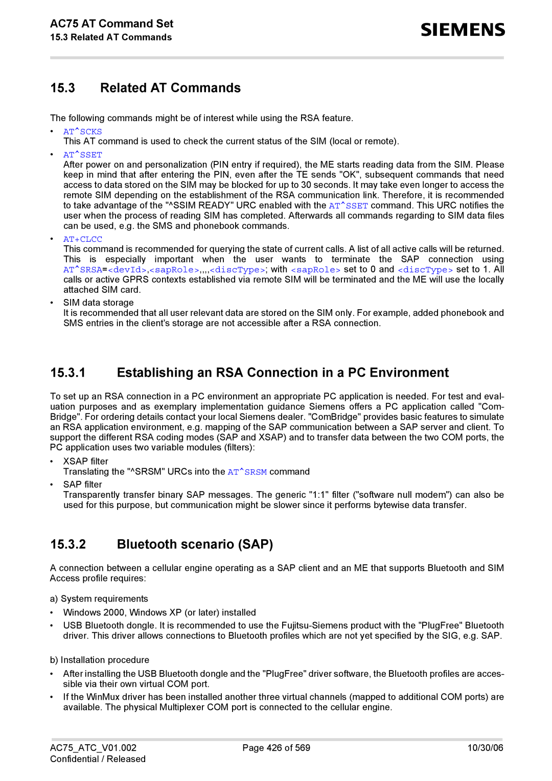 Siemens AC75 manual Related AT Commands, Establishing an RSA Connection in a PC Environment, Bluetooth scenario SAP 