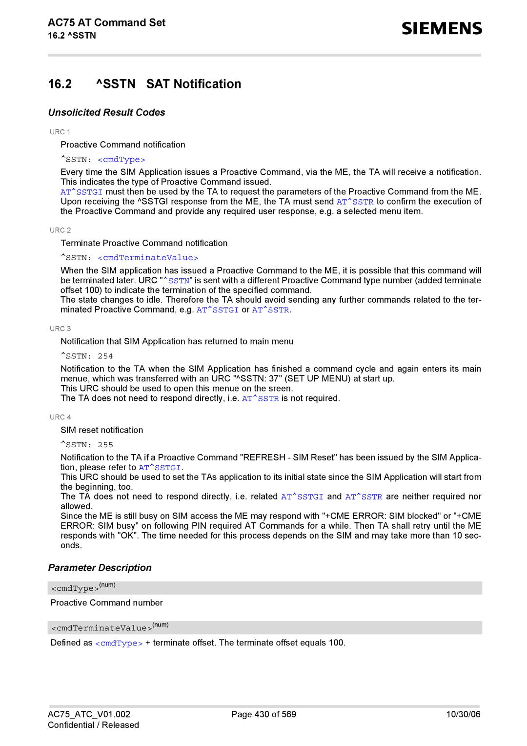 Siemens AC75 manual Sstn SAT Notification, Sstn cmdType, Sstn cmdTerminateValue 