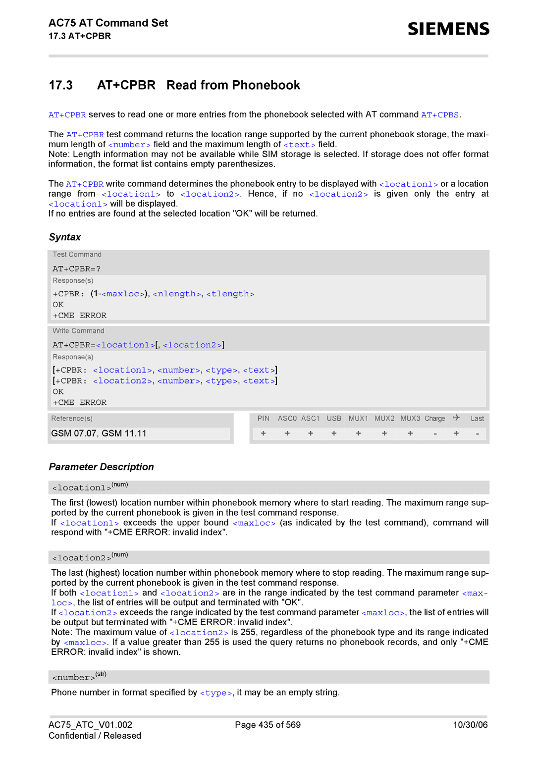 Siemens AC75 17.3 AT+CPBR Read from Phonebook, At+Cpbr=?, +CPBR 1-maxloc,nlength, tlength, AT+CPBR=location1, location2 