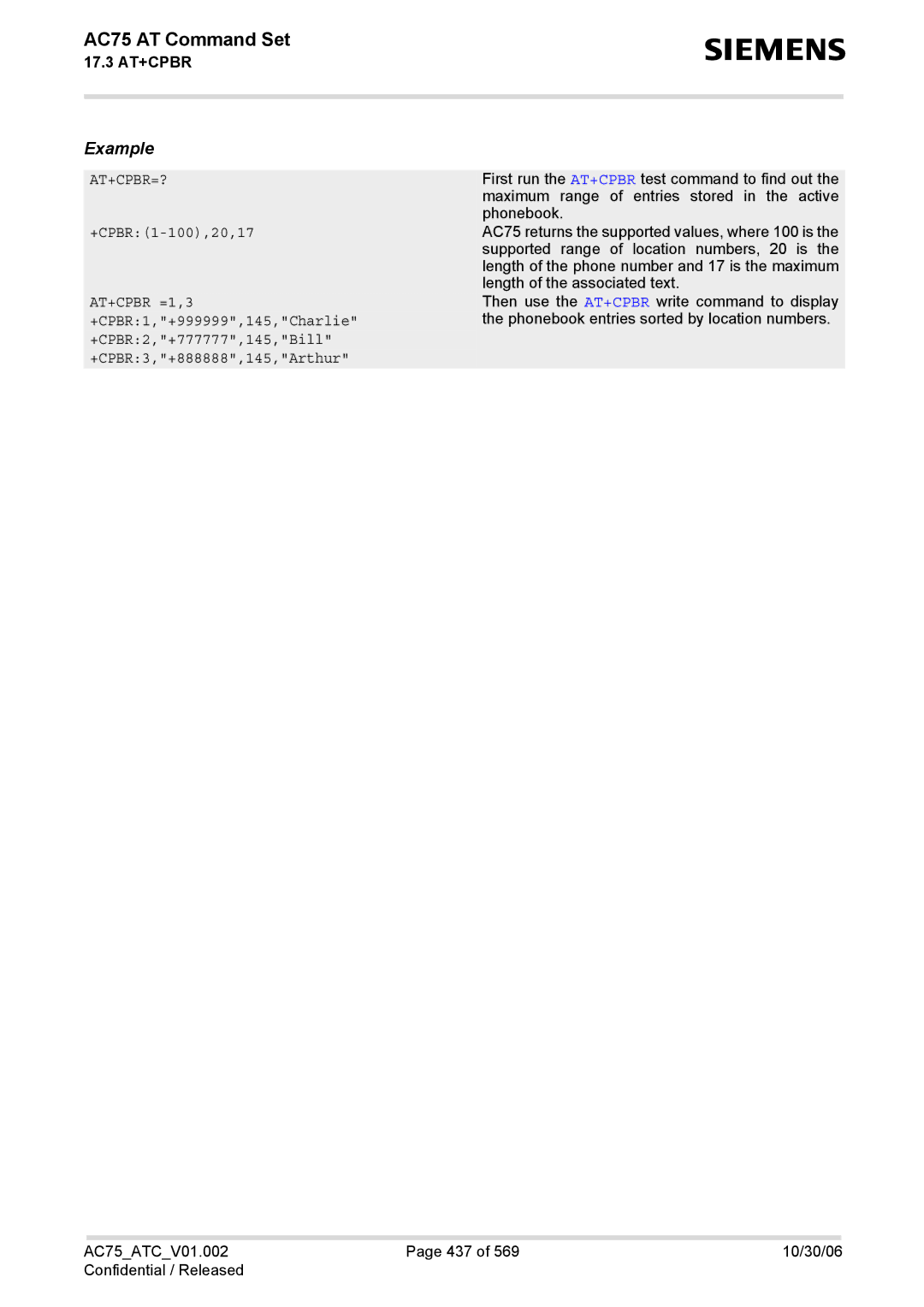 Siemens AC75 manual +CPBR1-100,20,17 