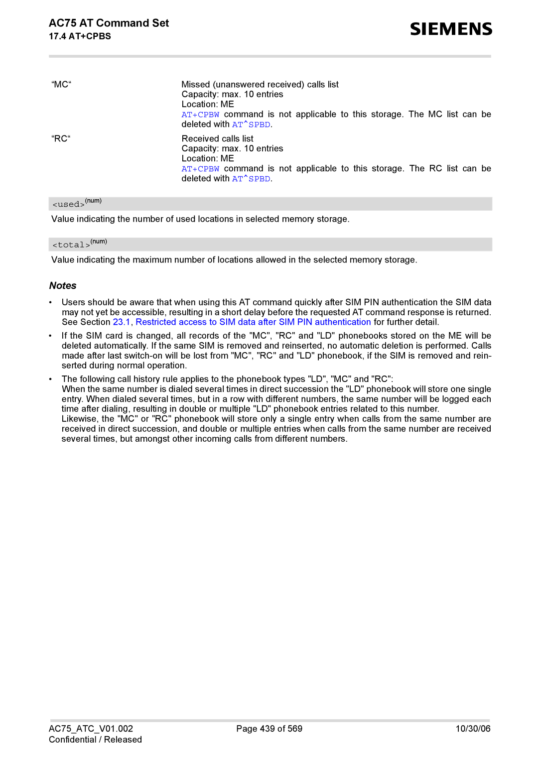 Siemens AC75 manual Usednum, Totalnum 