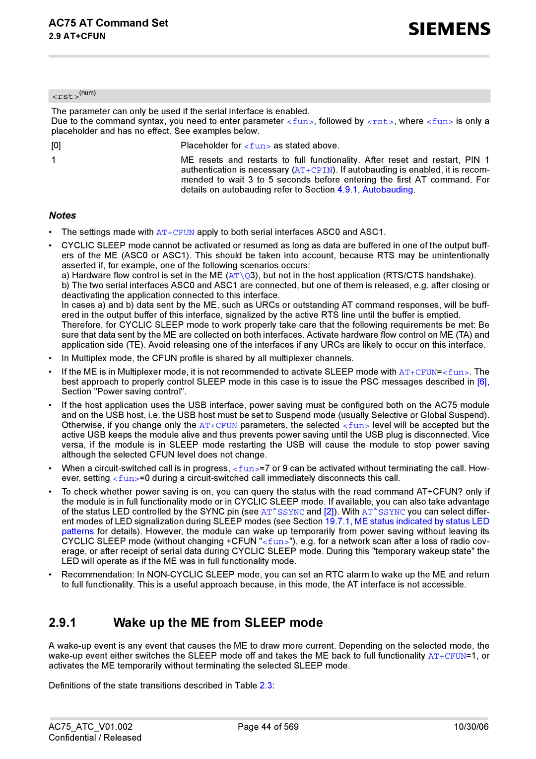 Siemens AC75 manual Wake up the ME from Sleep mode, Rstnum 