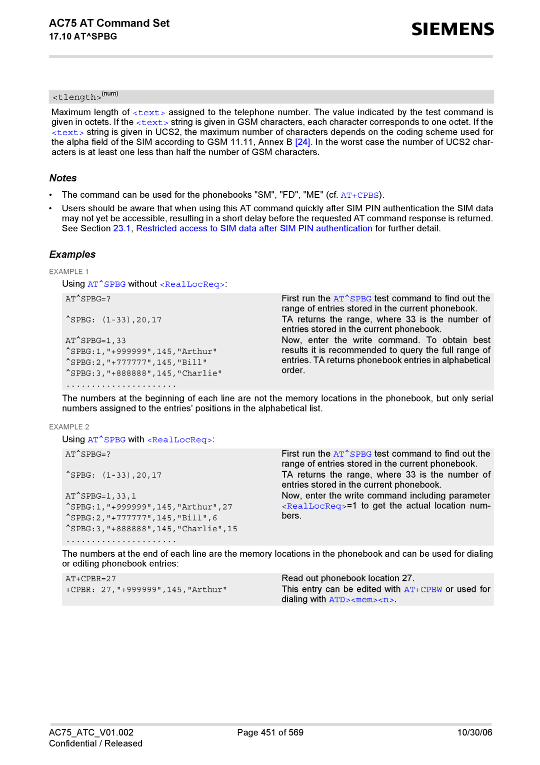 Siemens AC75 manual Using Atspbg without RealLocReq, Using Atspbg with RealLocReq, AT+CPBR=27 