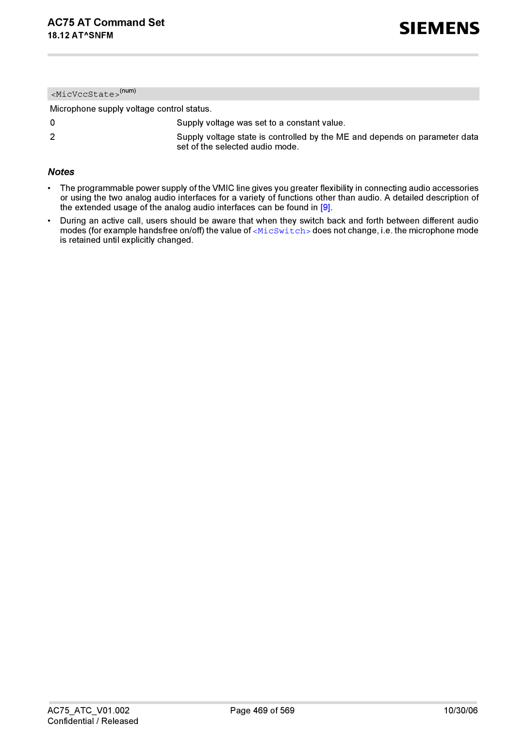 Siemens AC75 manual MicVccStatenum 