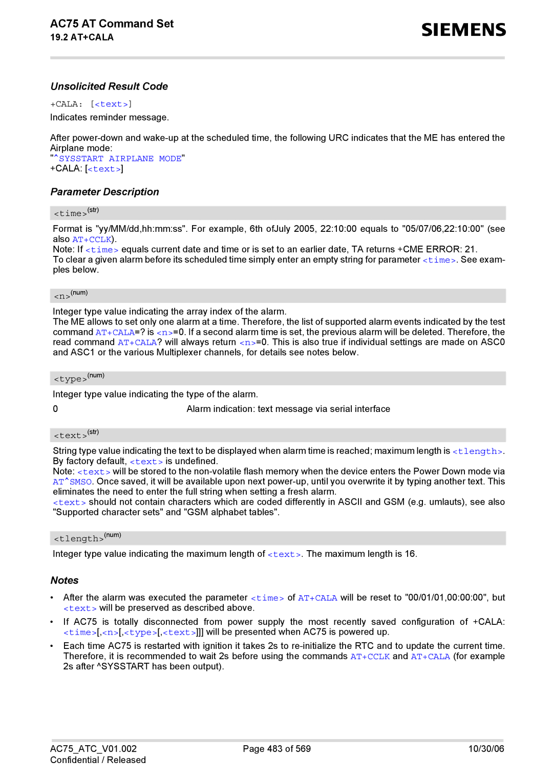 Siemens AC75 manual Sysstart Airplane Mode +CALA text 