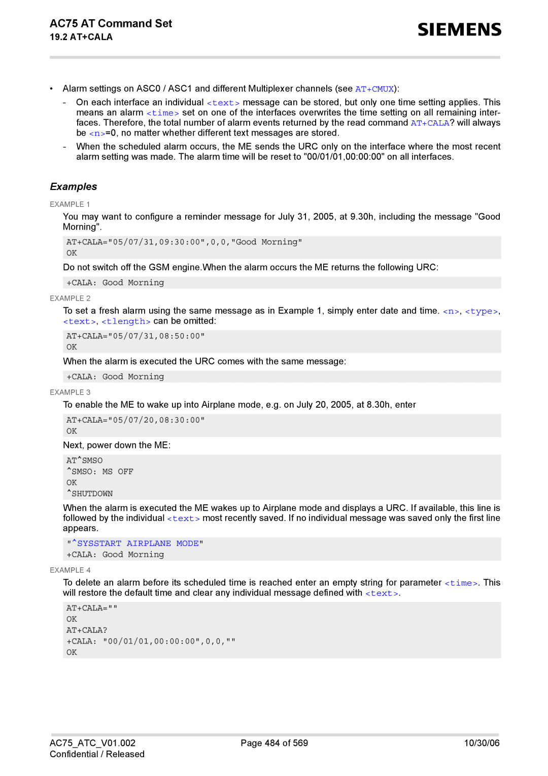 Siemens AC75 manual Atsmso Smso MS OFF OK Shutdown, Sysstart Airplane Mode +CALA Good Morning, At+Cala= Ok At+Cala? 