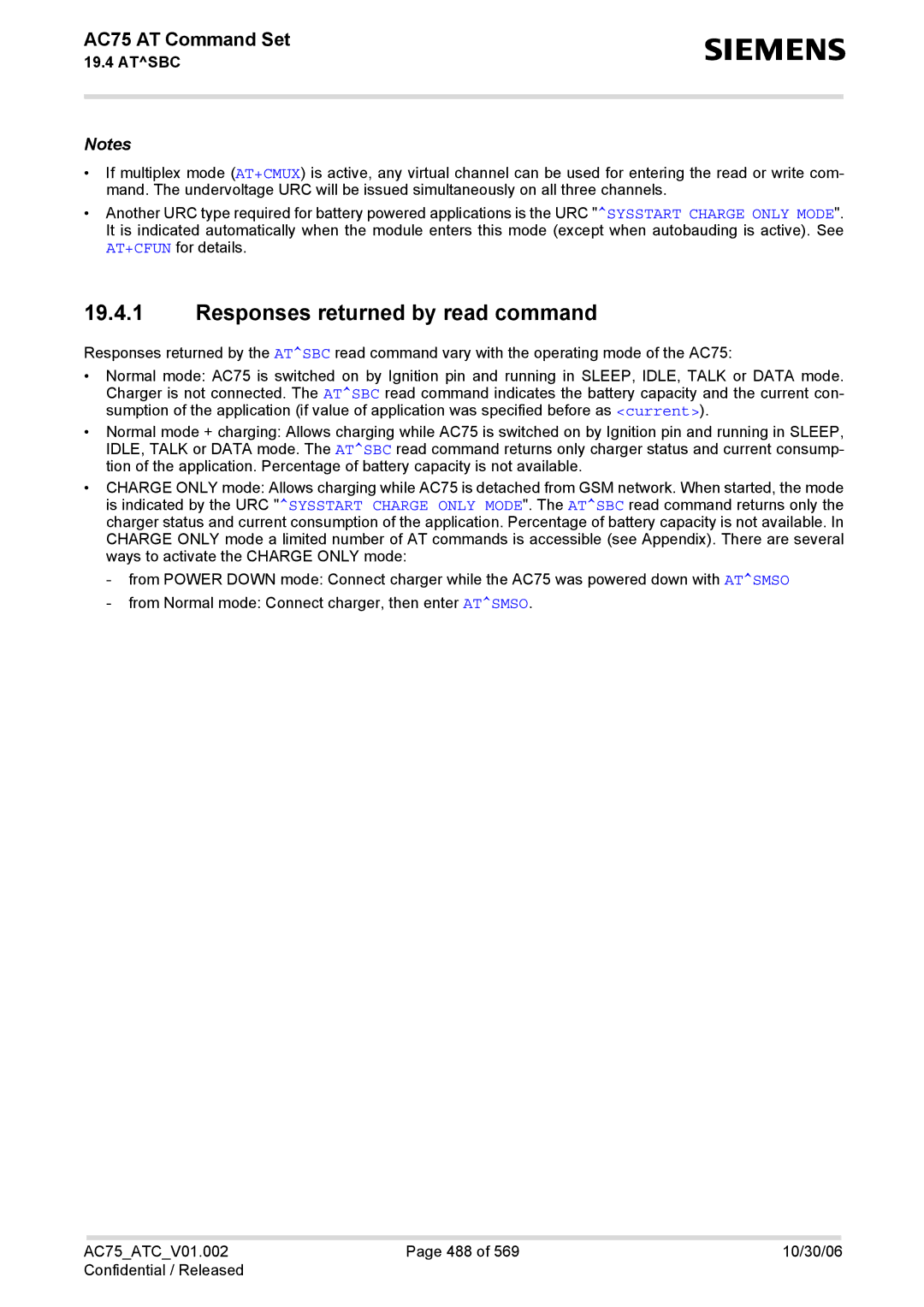 Siemens AC75 manual Responses returned by read command 