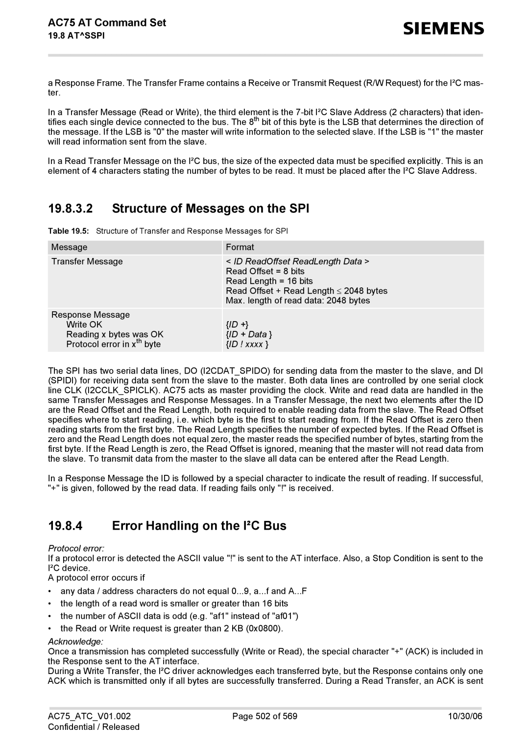 Siemens AC75 manual Structure of Messages on the SPI, Error Handling on the I²C Bus 