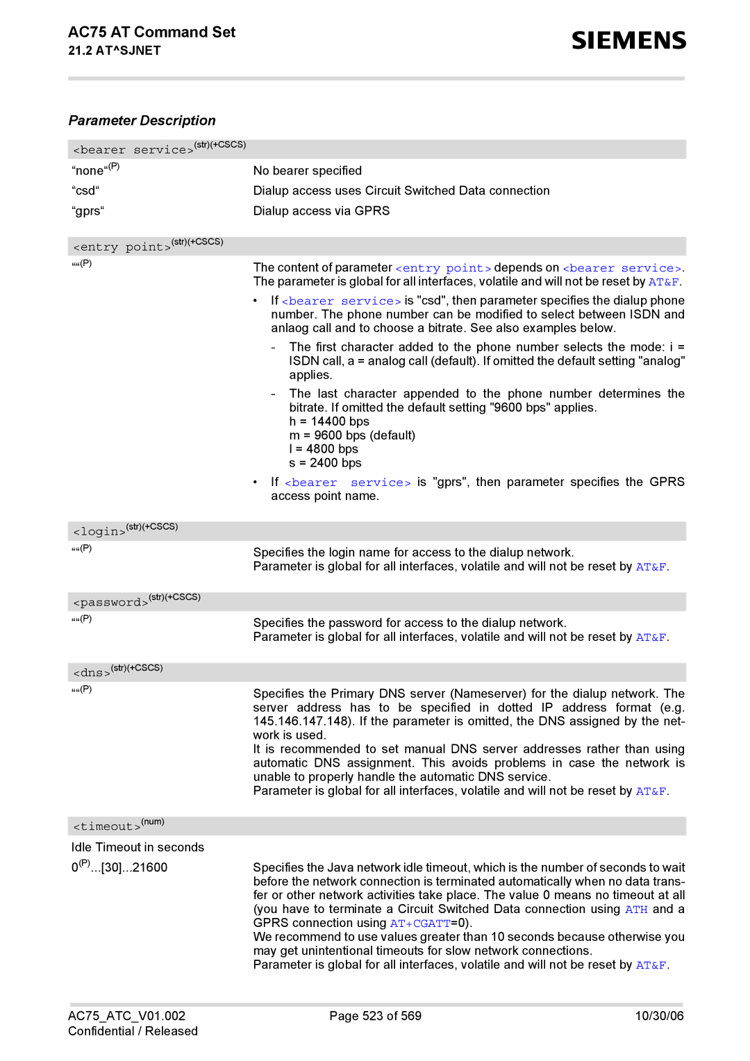 Siemens AC75 manual Bearer servicestr+CSCS, Entry pointstr+CSCS, Timeoutnum 