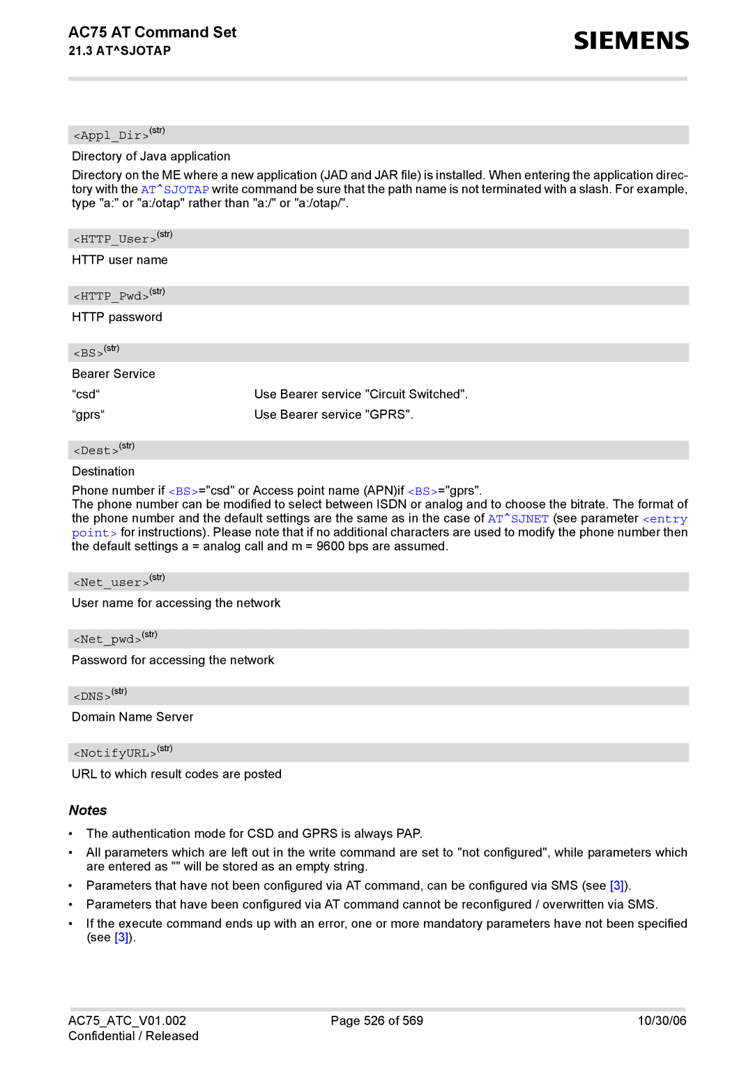 Siemens AC75 manual ApplDirstr, HTTPUserstr Http user name HTTPPwdstr Http password, Deststr, Netuserstr, Netpwdstr, DNSstr 