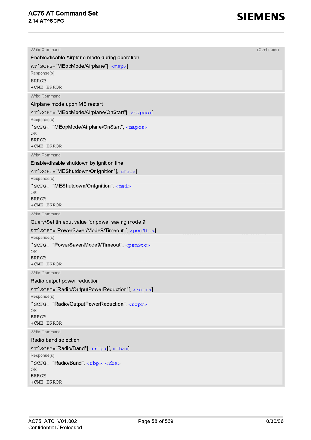 Siemens AC75 manual Error +CME Error 