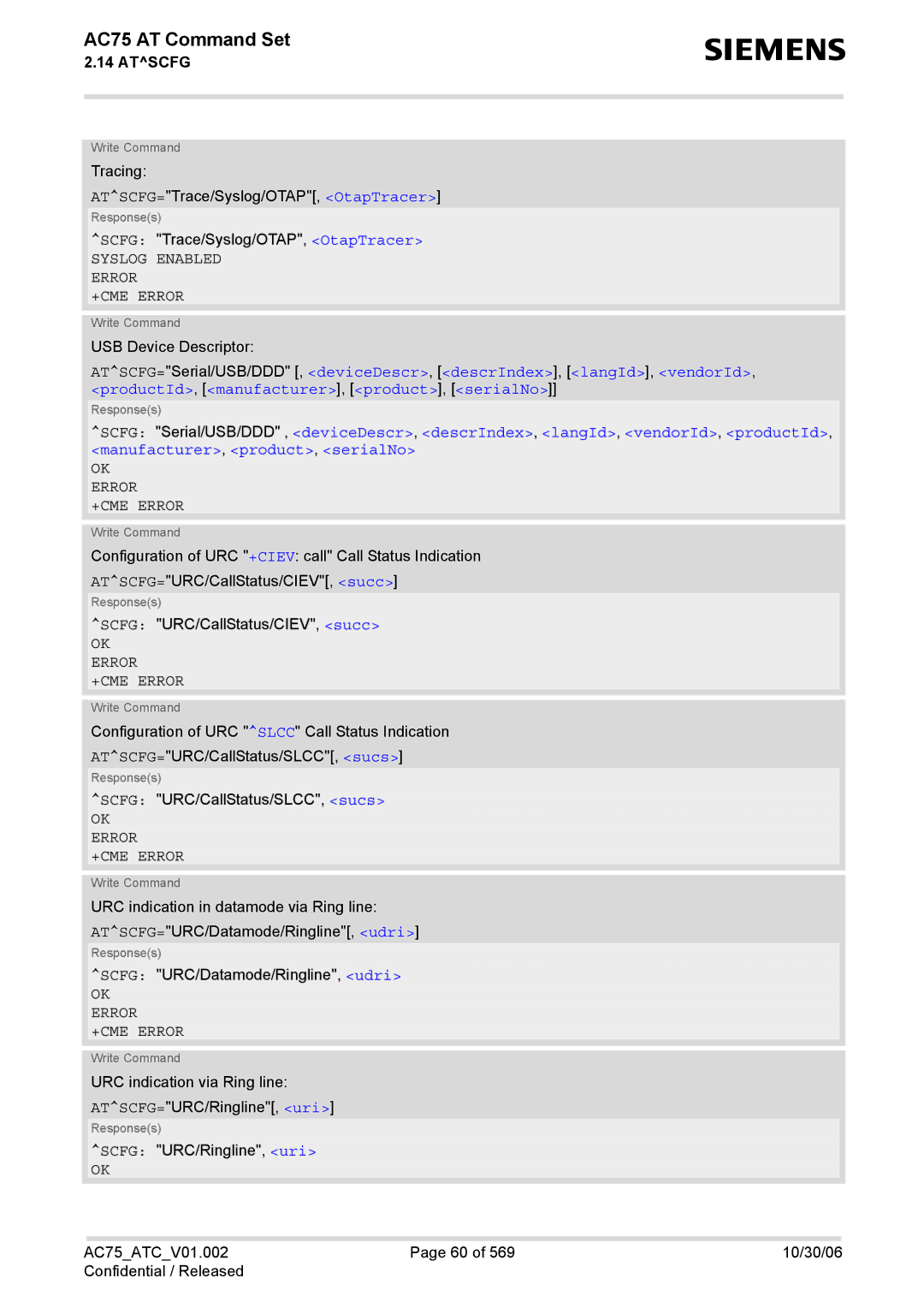 Siemens AC75 manual Syslog Enabled Error +CME Error 