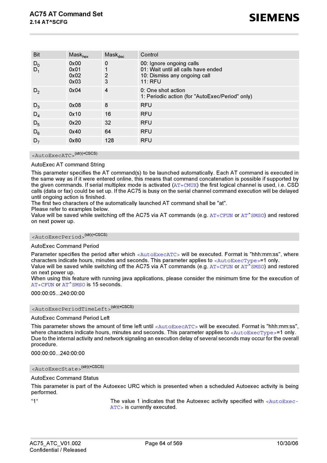 Siemens AC75 manual Rfu, AutoExecATCstr+CSCS, AutoExecPeriodstr+CSCS, AutoExecPeriodTimeLeftstr+CSCS, AutoExecStatestr+CSCS 