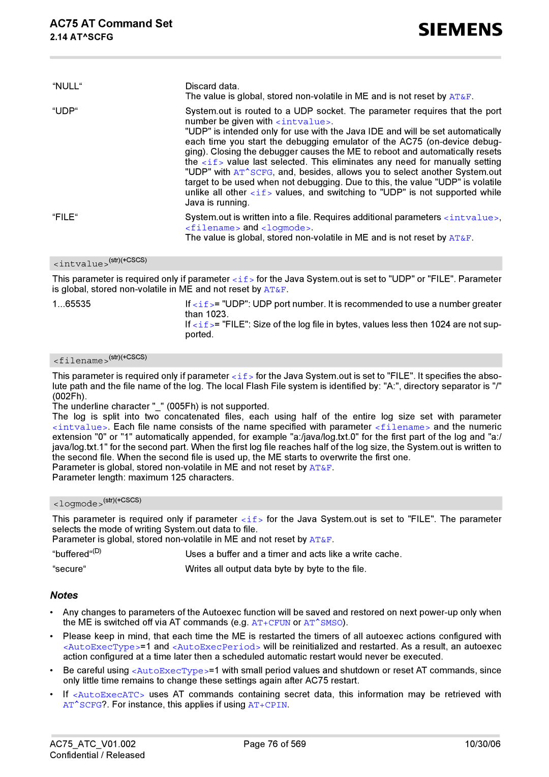 Siemens AC75 manual Udp, Filename and logmode 