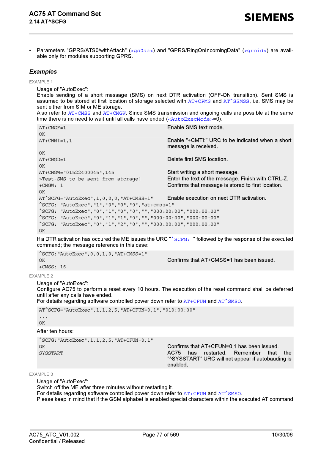 Siemens AC75 manual AT+CMGF=1, AT+CNMI=1,1, AT+CMGD=1 