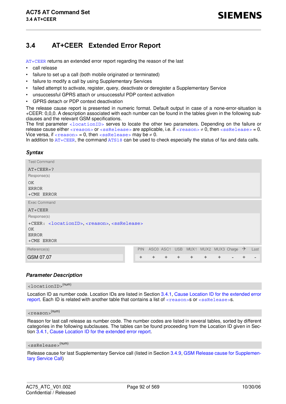 Siemens AC75 manual AT+CEER Extended Error Report, At+Ceer=?, +CEER locationID, reason, ssRelease 