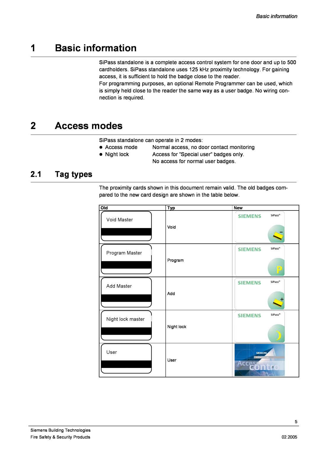 Siemens ACS3110 user manual Basic information, Access modes, 2.1Tag types 