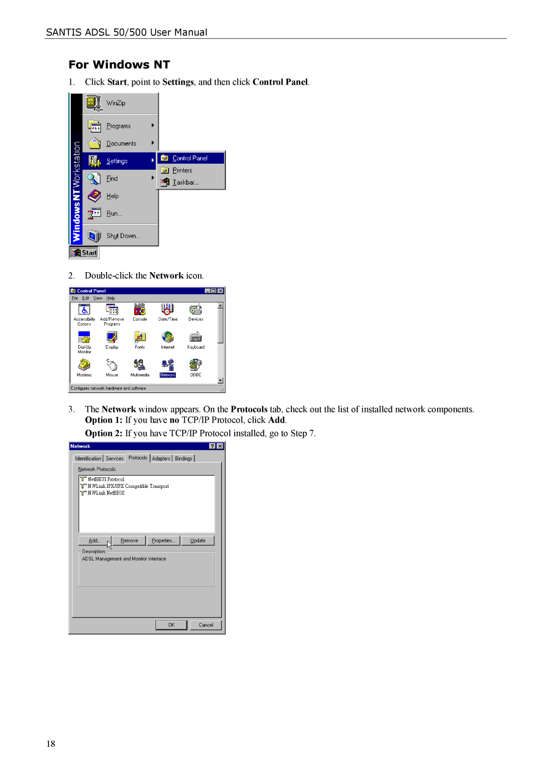 Siemens ADSL 500 user manual For Windows NT 