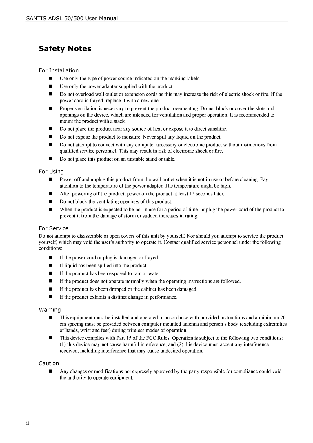 Siemens ADSL 500 user manual Safety Notes, For Installation, For Using, For Service 