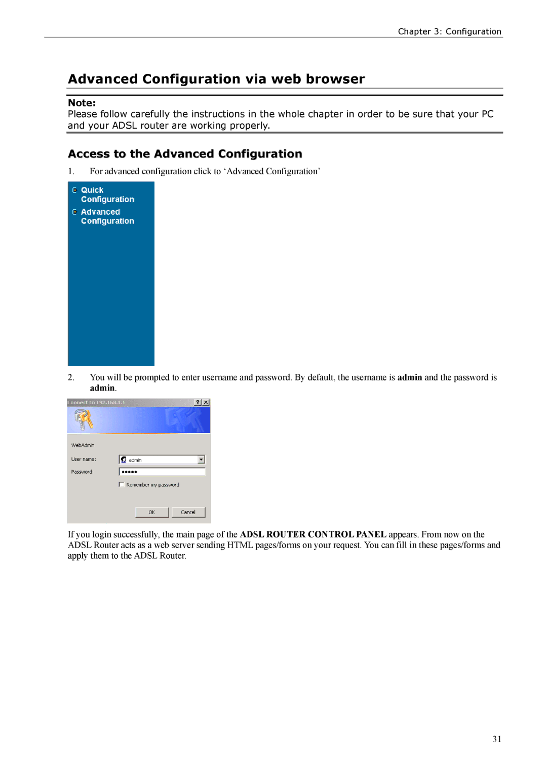 Siemens ADSL 500 user manual Advanced Configuration via web browser, Access to the Advanced Configuration 