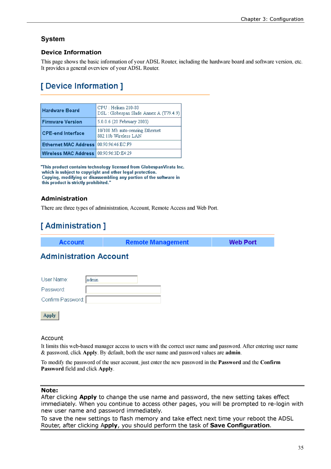 Siemens ADSL 500 user manual Device Information, Administration, Account 