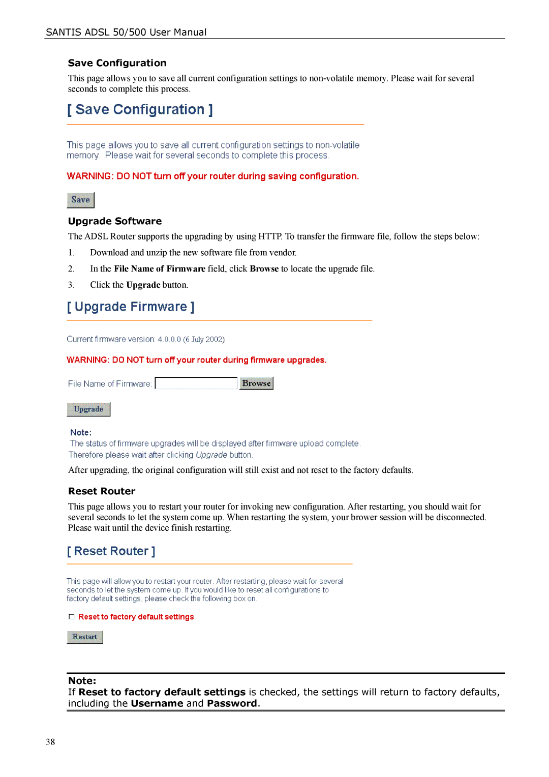 Siemens ADSL 500 user manual Save Configuration, Upgrade Software, Reset Router 