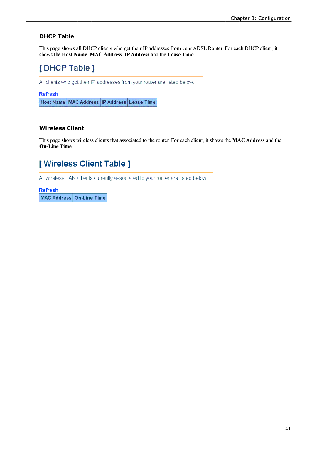 Siemens ADSL 500 user manual Dhcp Table, Wireless Client 