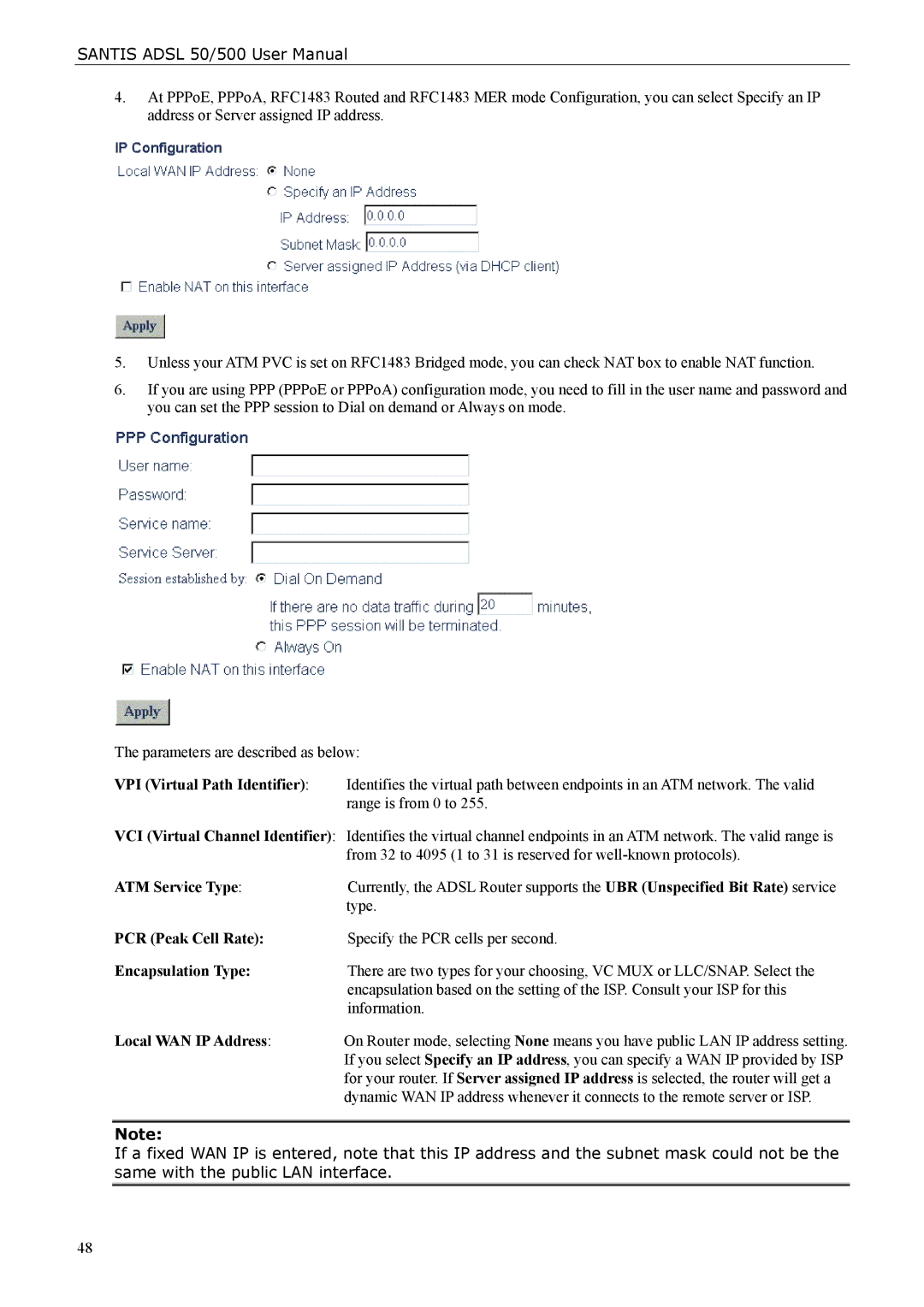 Siemens ADSL 500 user manual ATM Service Type, PCR Peak Cell Rate, Encapsulation Type, Local WAN IP Address 