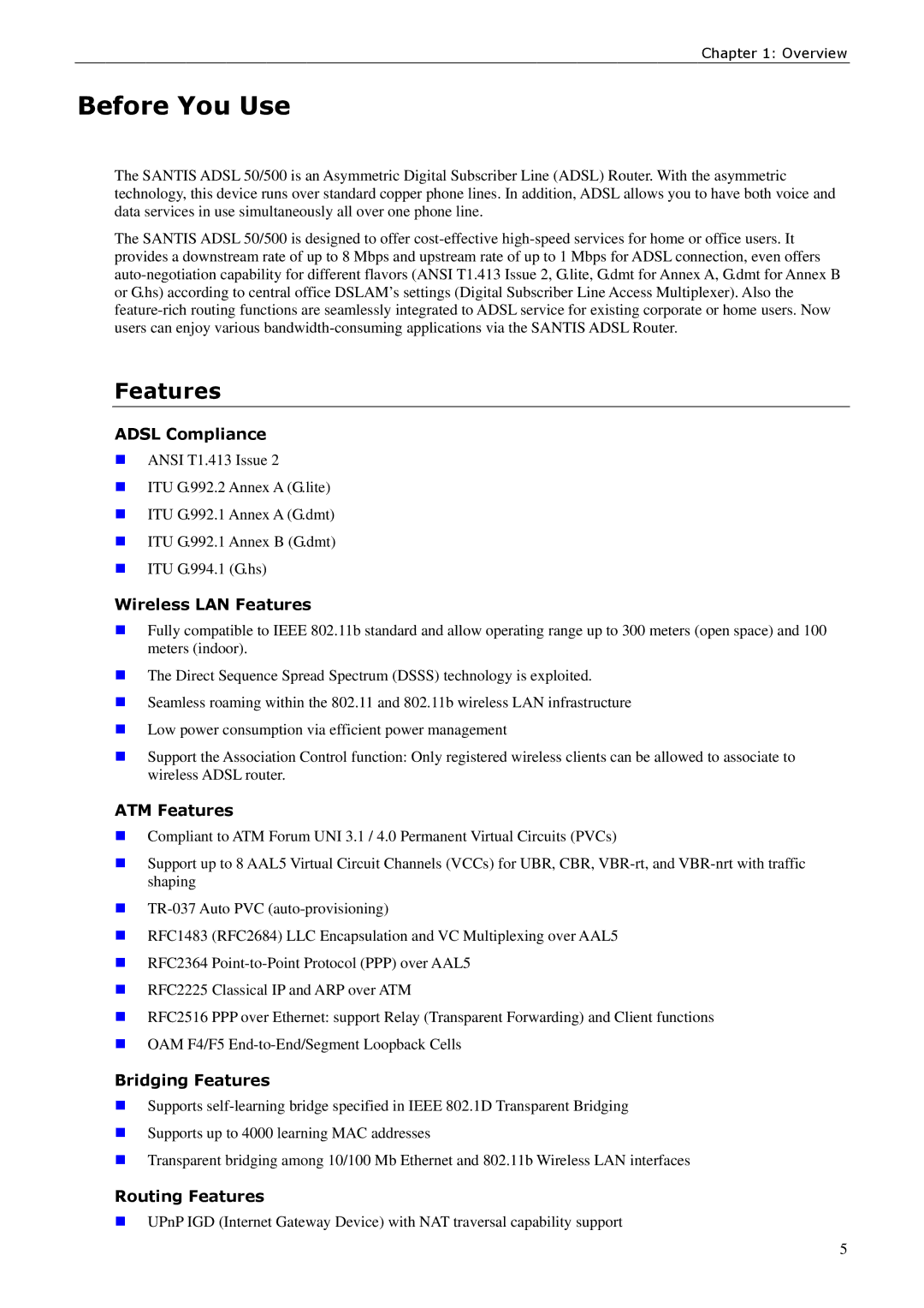 Siemens ADSL 500 user manual Before You Use, Features 