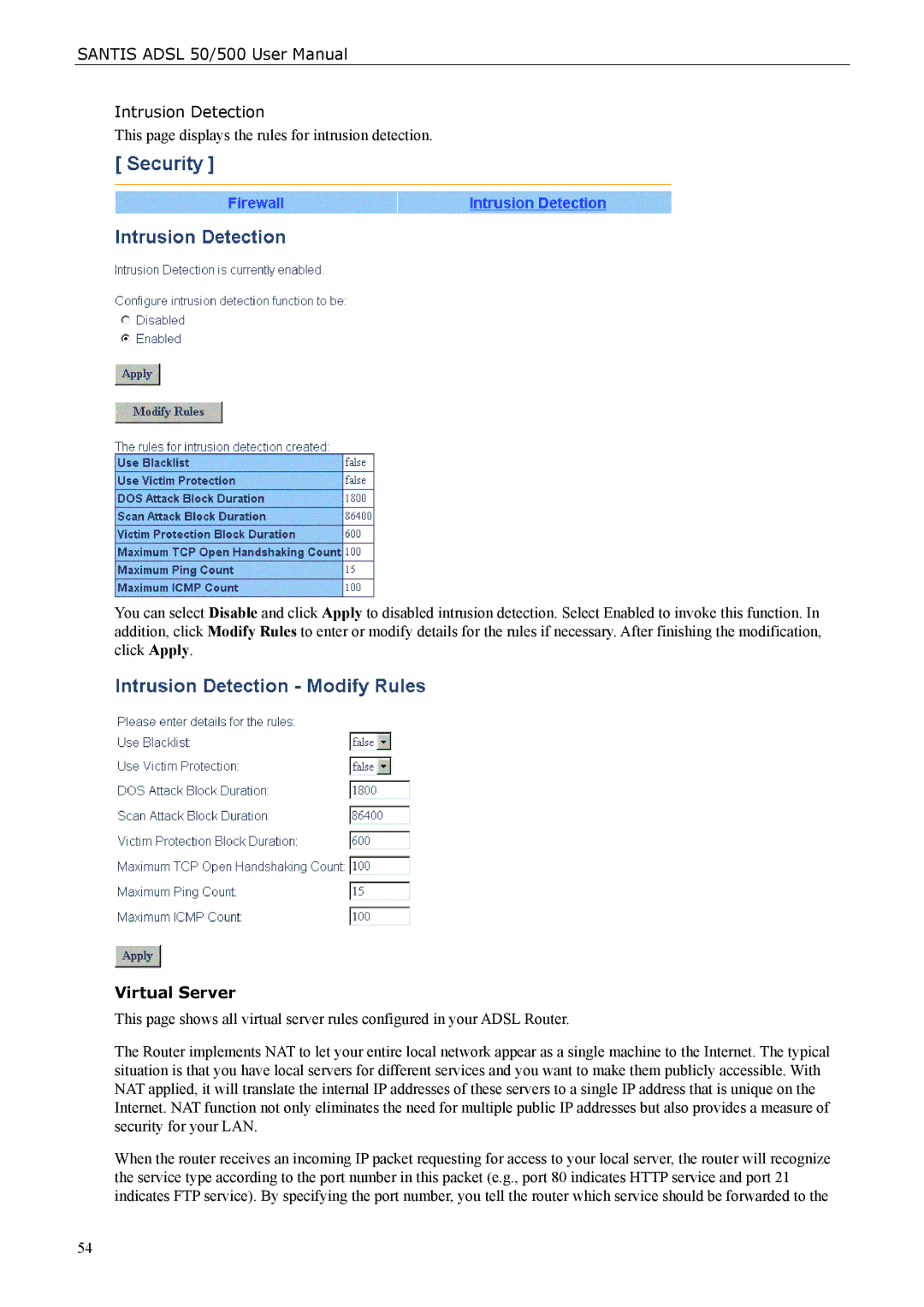 Siemens ADSL 500 user manual Intrusion Detection, Virtual Server 