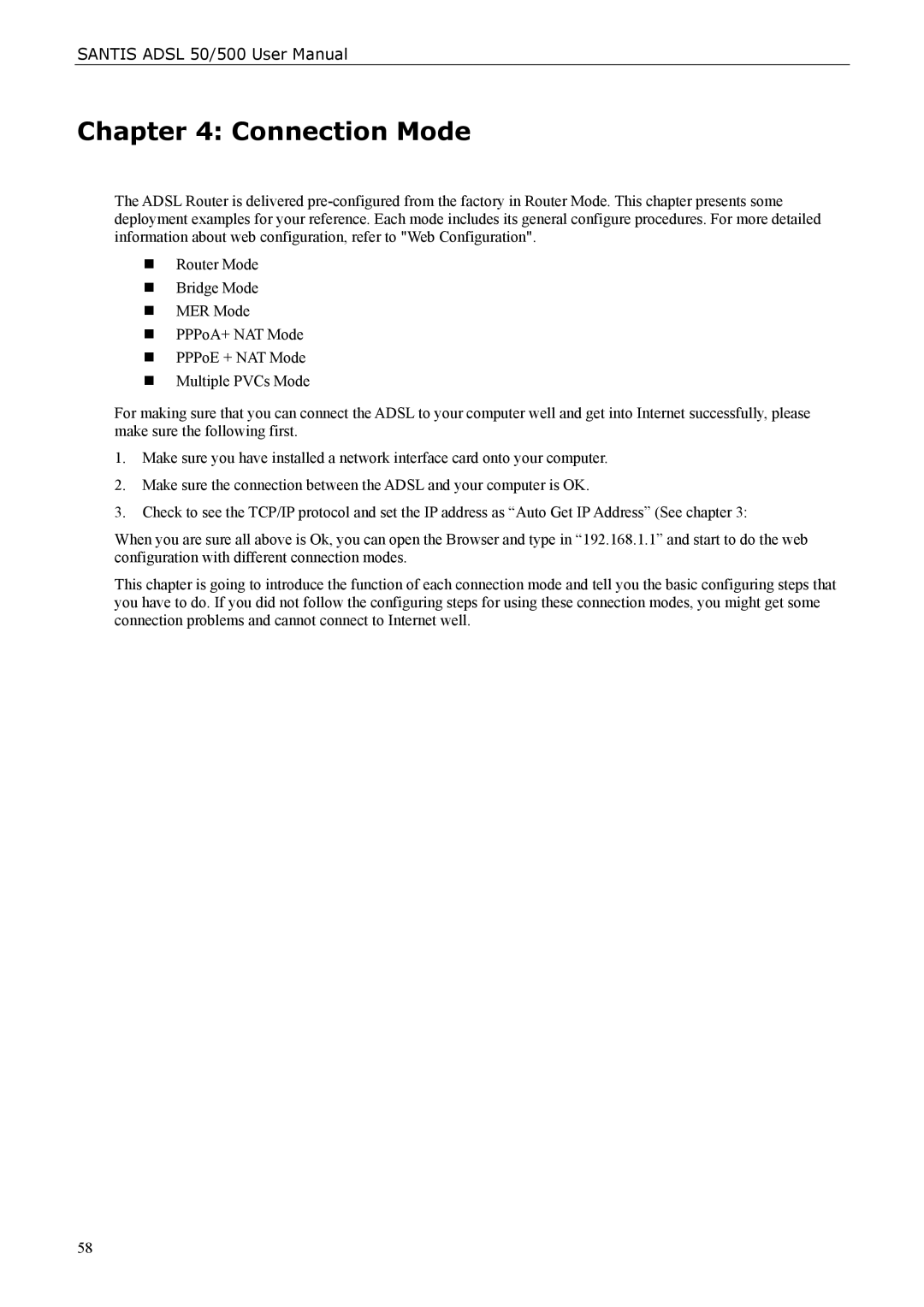 Siemens ADSL 500 user manual Connection Mode 