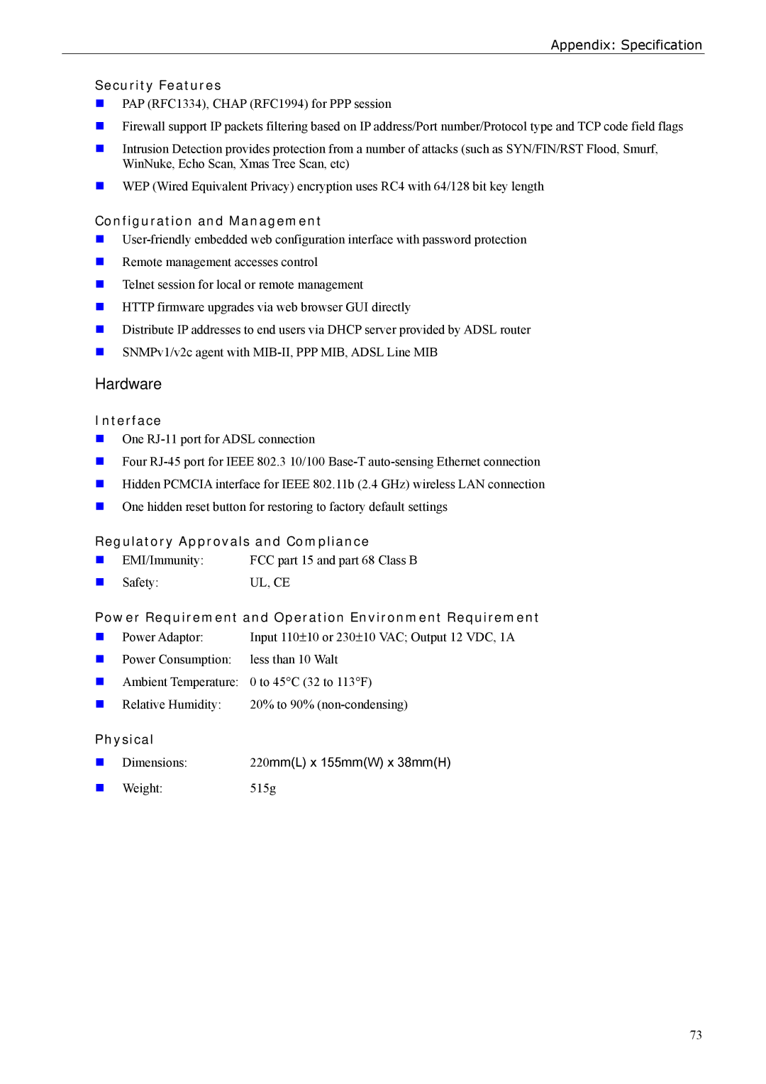 Siemens ADSL 500 user manual Hardware, Appendix Specification 