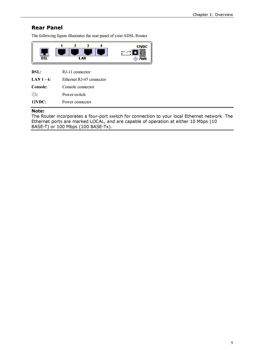 Siemens ADSL 500 user manual Rear Panel, LAN 1, Console, 12VDC 