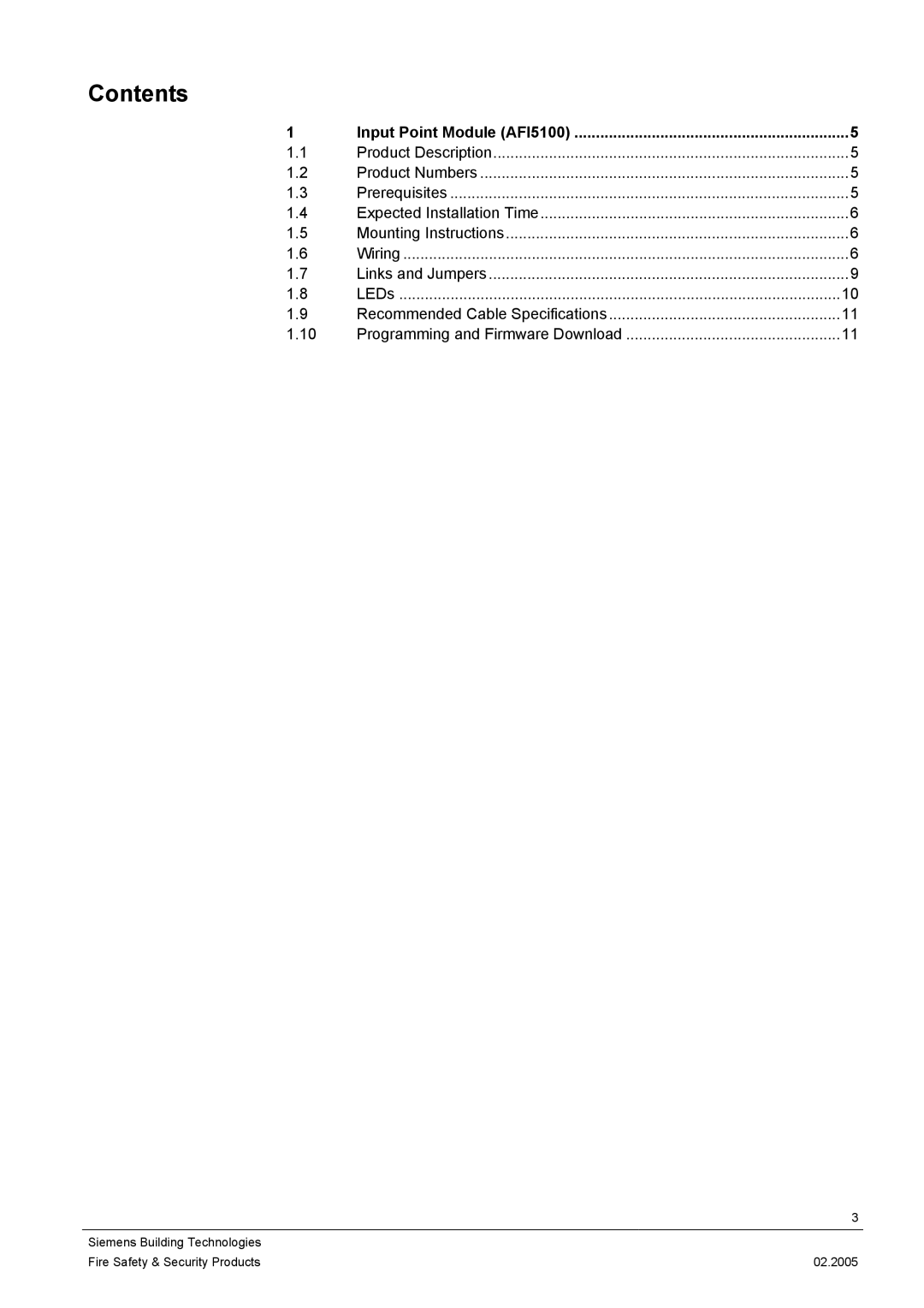 Siemens AFI5100 installation manual Contents 