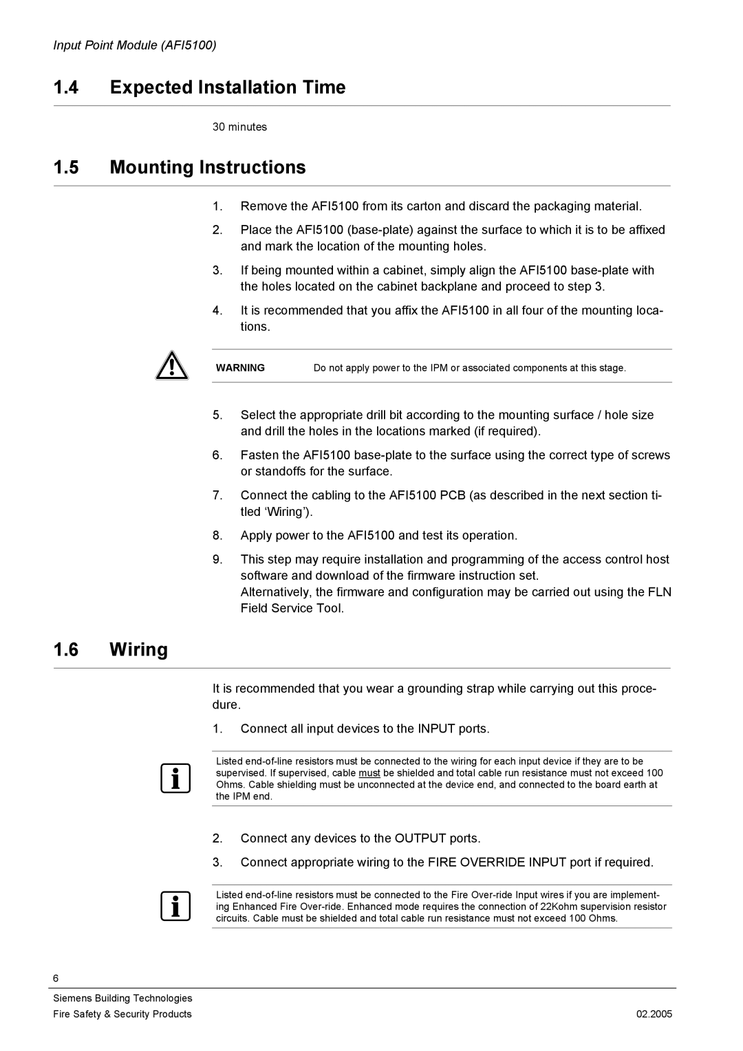 Siemens AFI5100 installation manual Expected Installation Time, Mounting Instructions, Wiring 