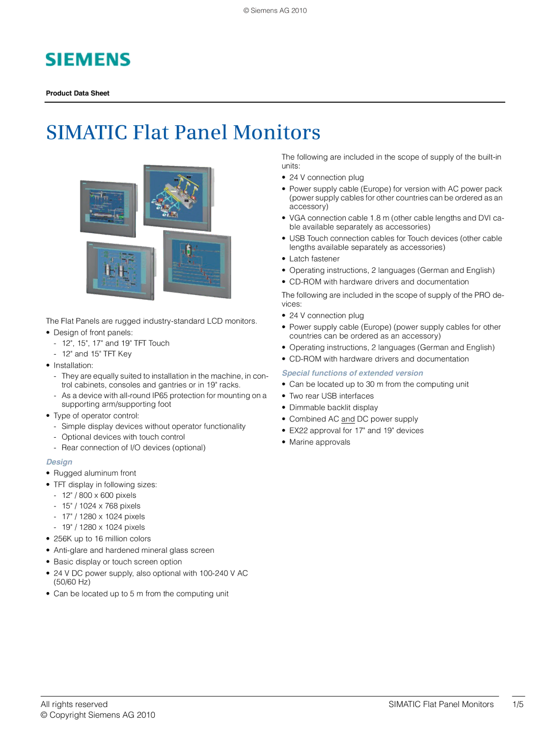 Siemens AG2010 manual Simatic Flat Panel Monitors 