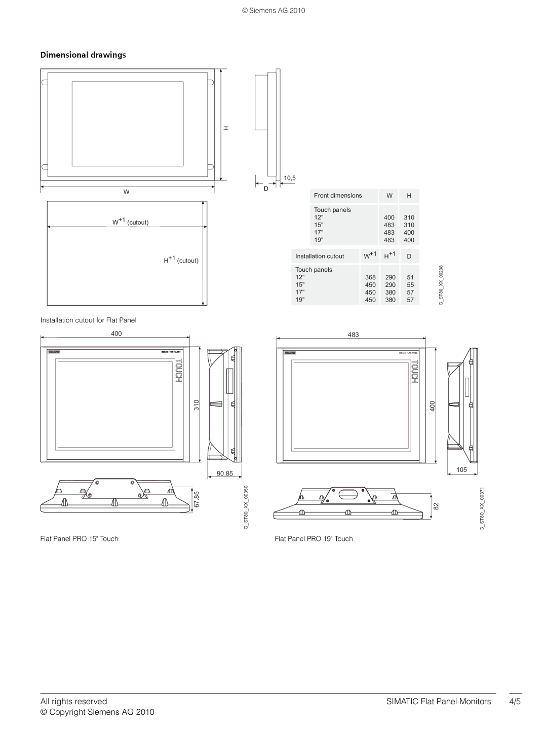 Siemens AG2010 manual Dimensional drawings, Installation cutout for Flat Panel Siemens AG 